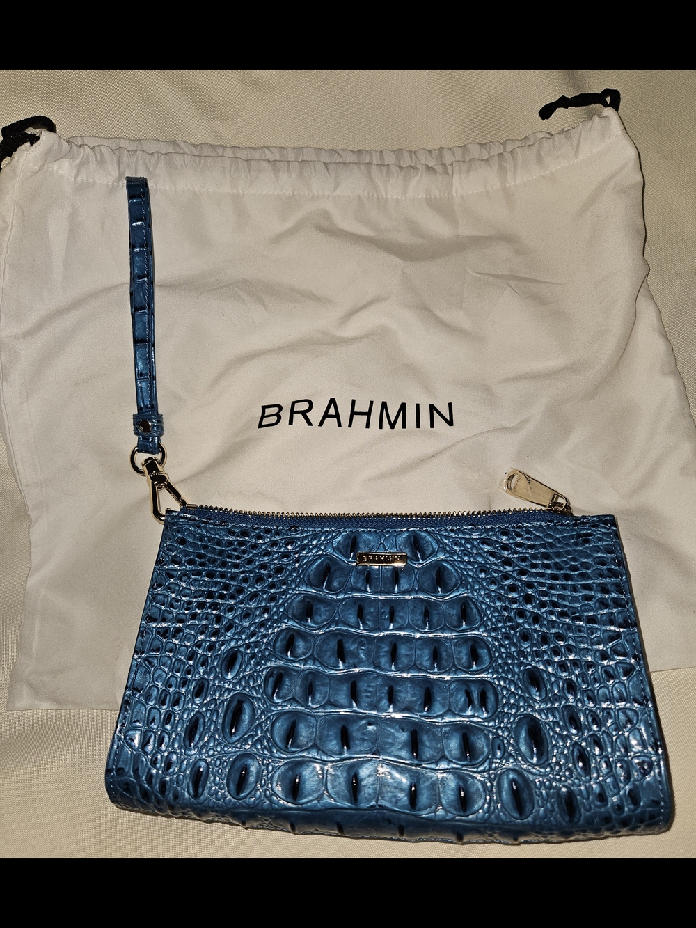 Brahmin Metallic Teal Croc-Embossed Wristlet Clutch